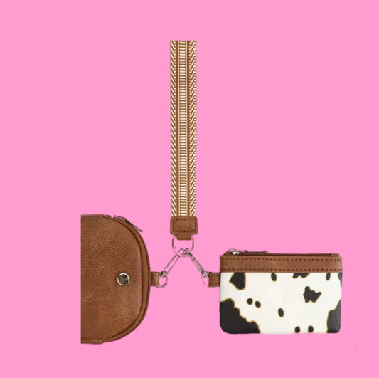 Cow print double wristlet wallet